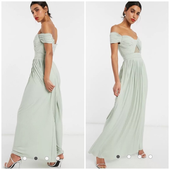 Asos premium lace and pleat Bardot maxi dress sage green NWT 4 - Picture 2 of 12